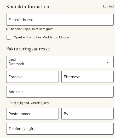 Kassens felter til e-mail, navn og adresse